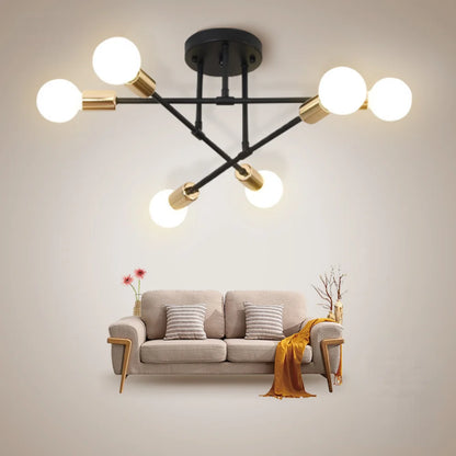 Plafonnier Moderne 6 Bras E27 – Design Minimaliste, Finition Or ou Noir-Or