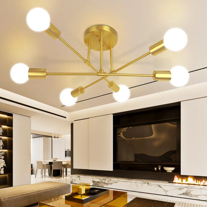 Plafonnier Moderne 6 Bras E27 – Design Minimaliste, Finition Or ou Noir-Or
