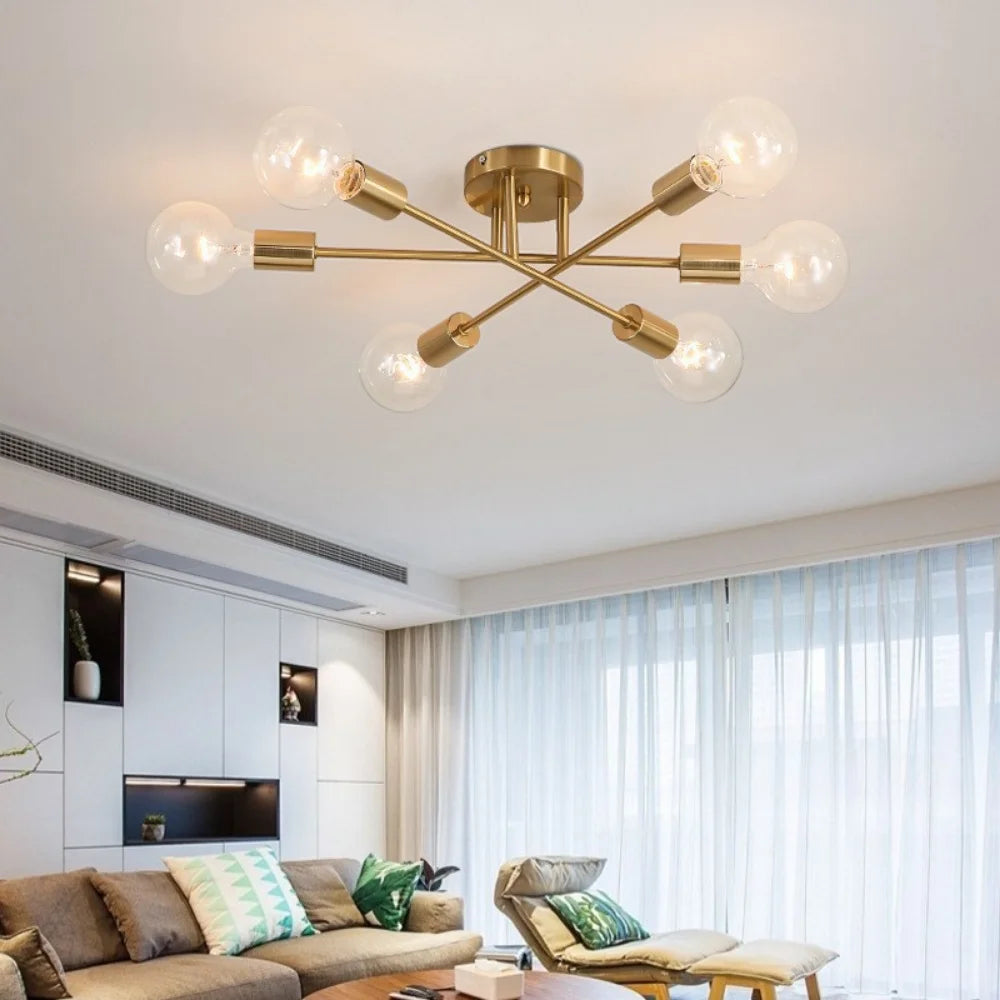 Plafonnier Moderne 6 Bras E27 – Design Minimaliste, Finition Or ou Noir-Or