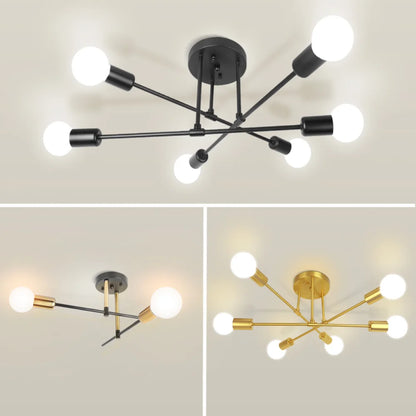 Plafonnier Moderne 6 Bras E27 – Design Minimaliste, Finition Or ou Noir-Or