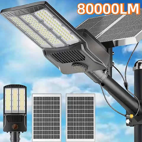 Lampadaire Solaire Extérieur LED avec Détecteur de Mouvement - Jardin & Parking - 80000LM, 2 Panneaux