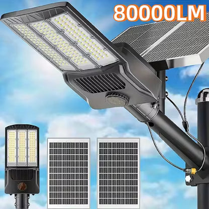 Lampadaire Solaire Extérieur LED avec Détecteur de Mouvement - Jardin & Parking - 80000LM, 2 Panneaux