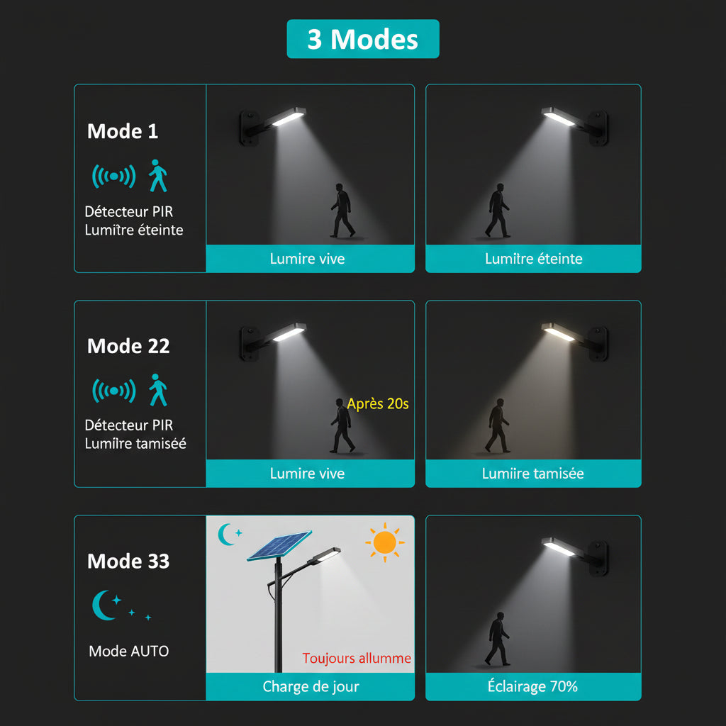 Projecteur Solaire LED Extérieur – Détecteur PIR, 3 Modes, Télécommande, IP65
