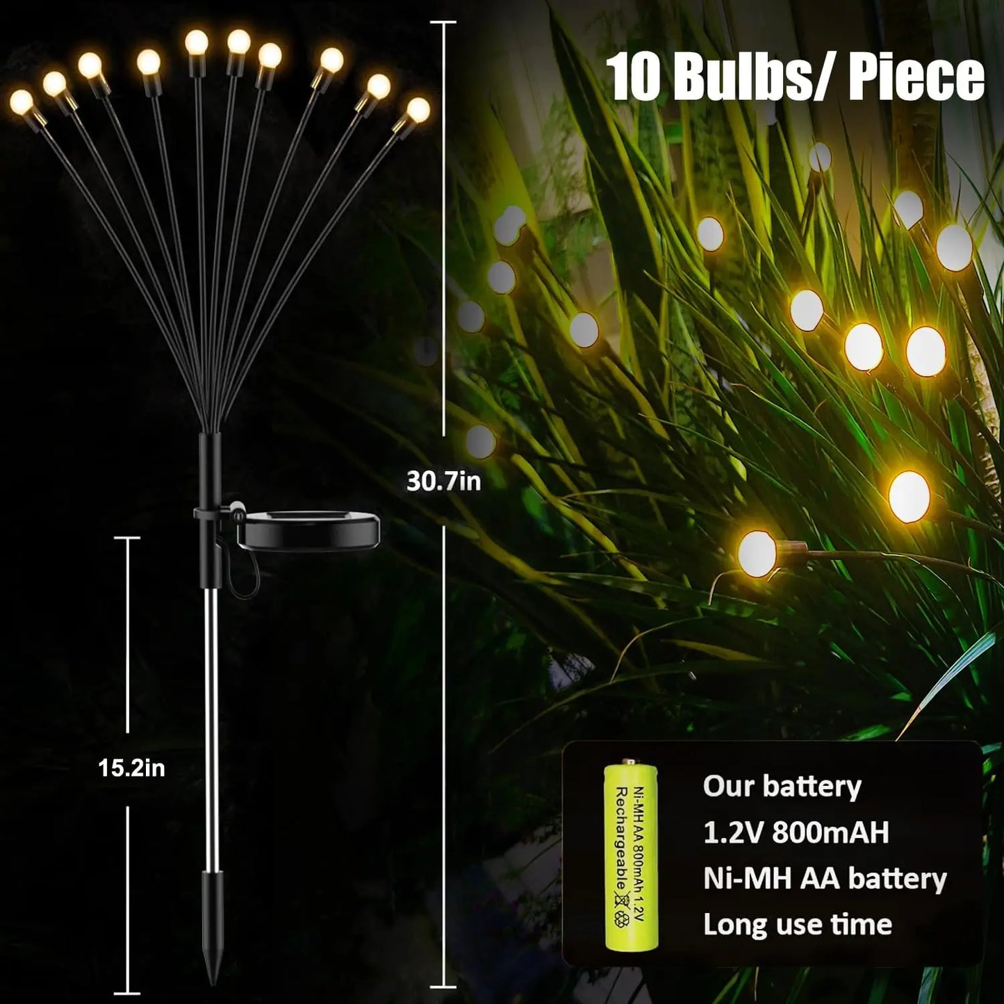 Lumière Solaire Luciole Jardin – 10 LED, Branches Flexibles, IP65, Allumage Automatique