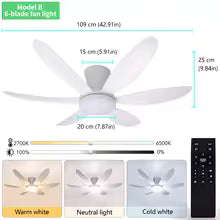 Ventilateur de Plafond 43" avec Lumière LED - Moteur DC Silencieux, 3 ou 6 Pales, 6 Vitesses, 3 Couleurs de Lumière