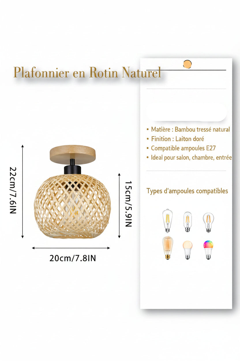Plafonnier Rétro en Bambou Tressé – Style Bohème & Naturel, E27 / E26