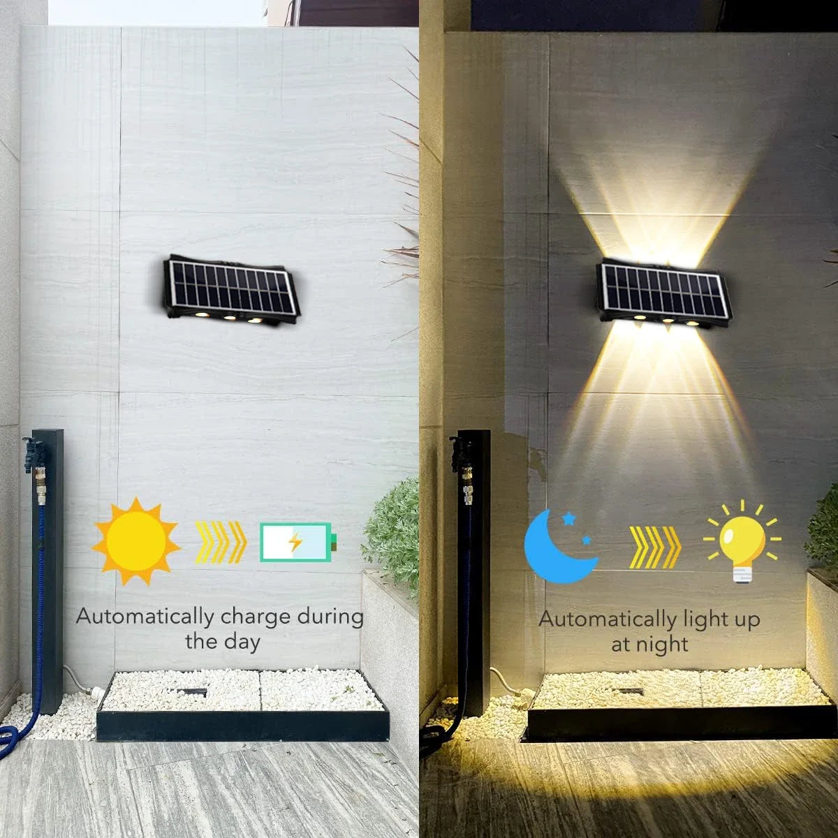 Applique Solaire Murale Extérieure – Éclairage Haut & Bas, Lumière Chaude, IP65