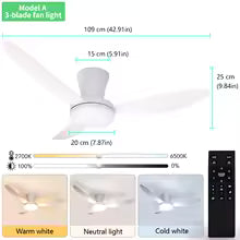 Ventilateur de Plafond 43" avec Lumière LED - Moteur DC Silencieux, 3 ou 6 Pales, 6 Vitesses, 3 Couleurs de Lumière