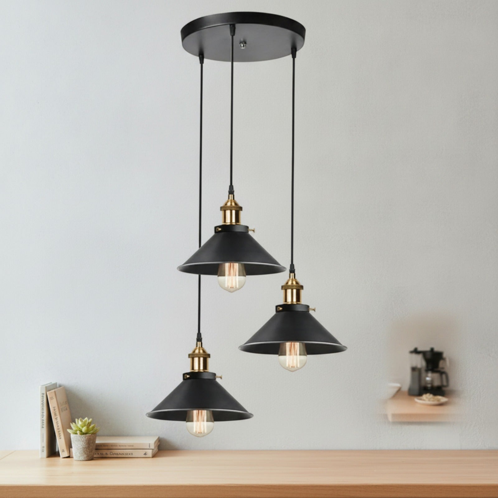Lampe Suspendue Vintage Industrielle 3 Lumières Métal Noir E27 pour Cuisine & Chambre