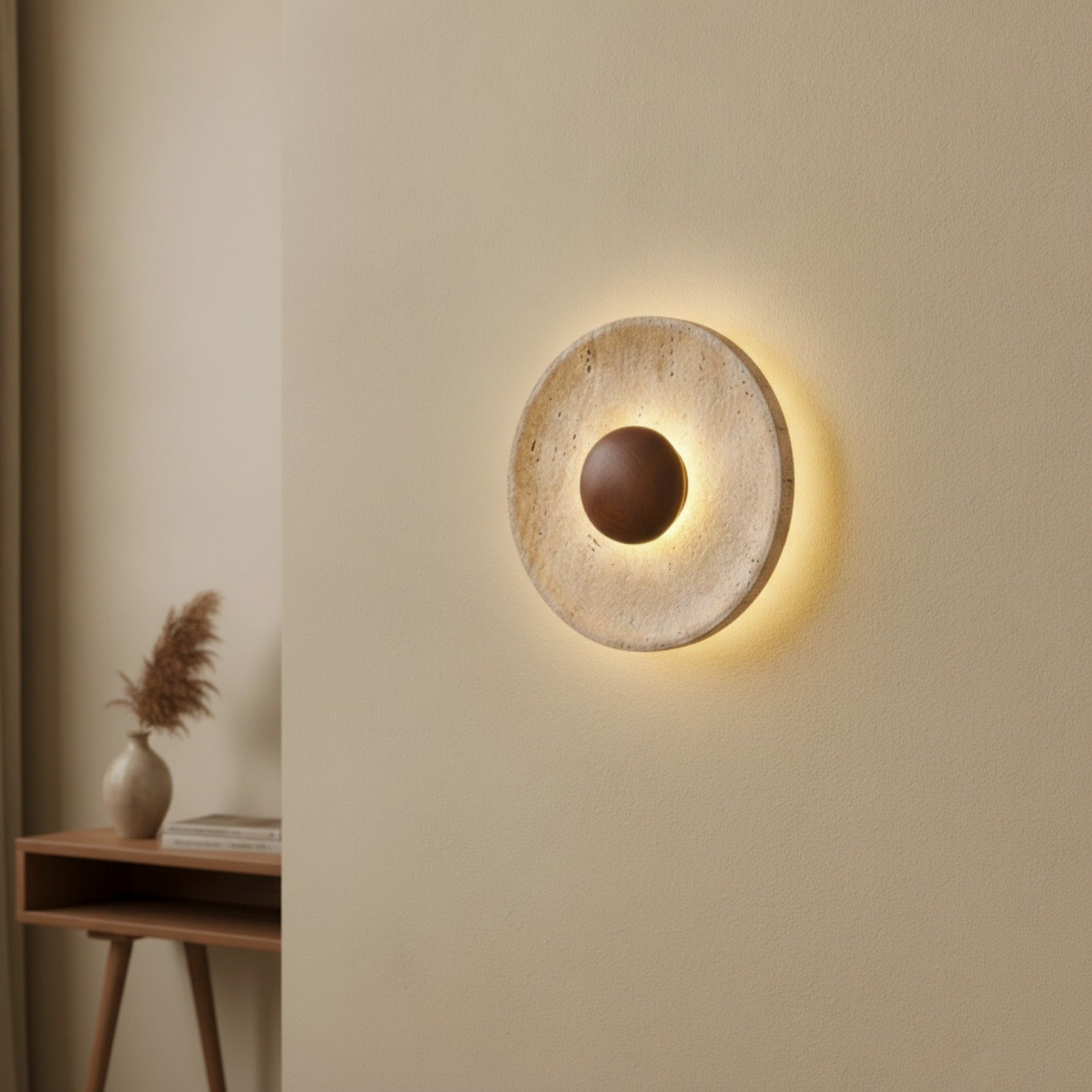 Applique Murale LED Ronde Nordique en Bois et Pierre - Lampe de Couloir Design pour Hôtel & Maison