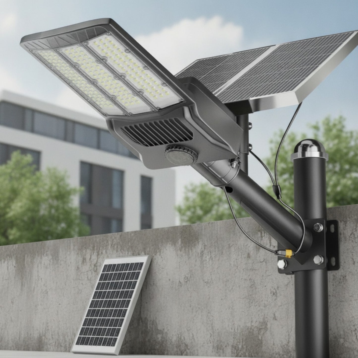 Lampadaire Solaire Extérieur LED avec Détecteur de Mouvement - Jardin & Parking - 80000LM, 2 Panneaux