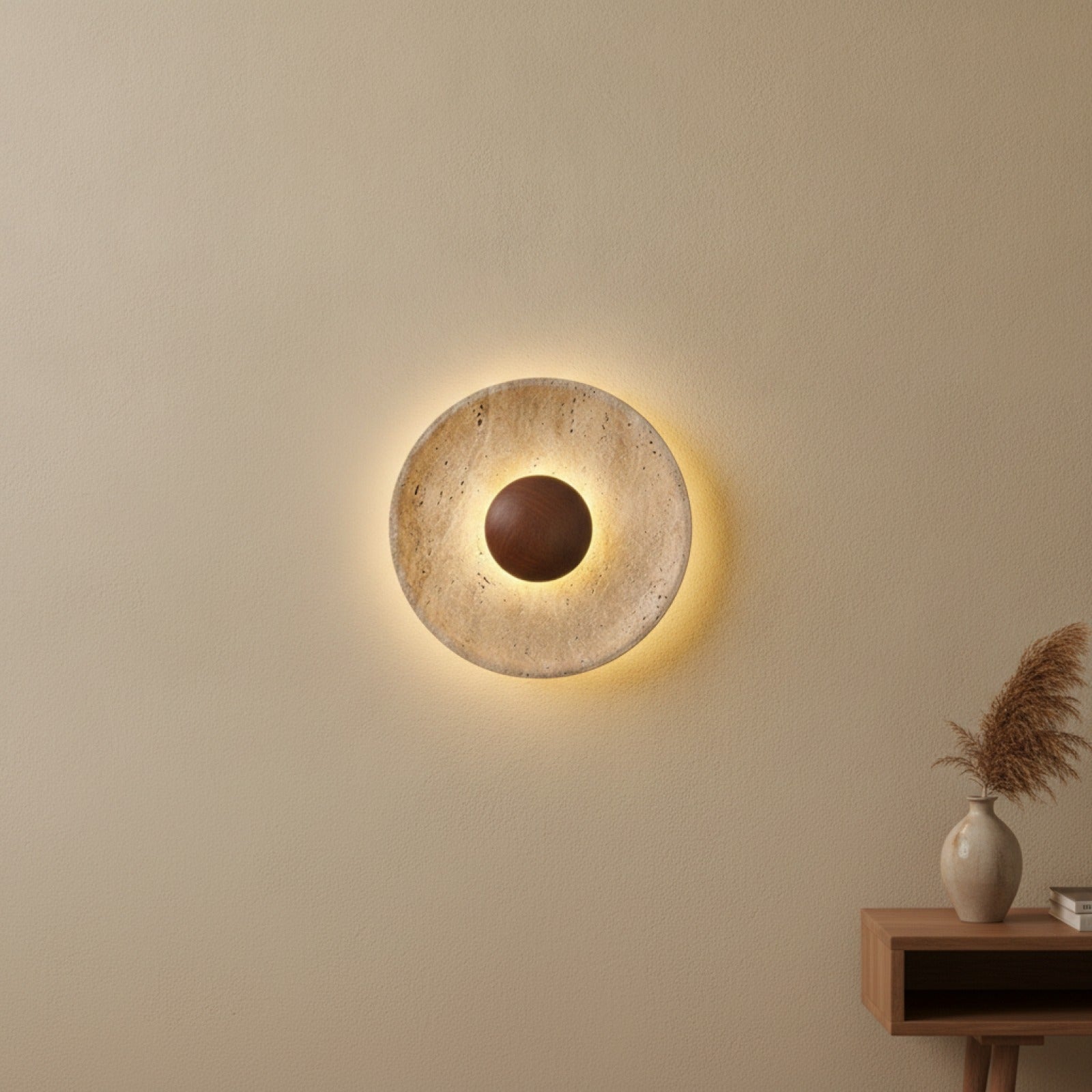 Applique Murale LED Ronde Nordique en Bois et Pierre - Lampe de Couloir Design pour Hôtel & Maison