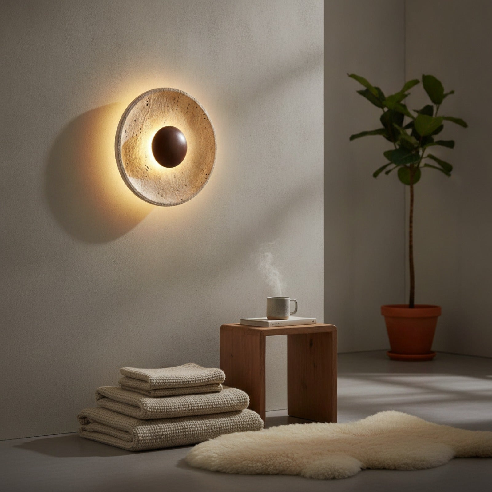Applique Murale LED Ronde Nordique en Bois et Pierre - Lampe de Couloir Design pour Hôtel & Maison