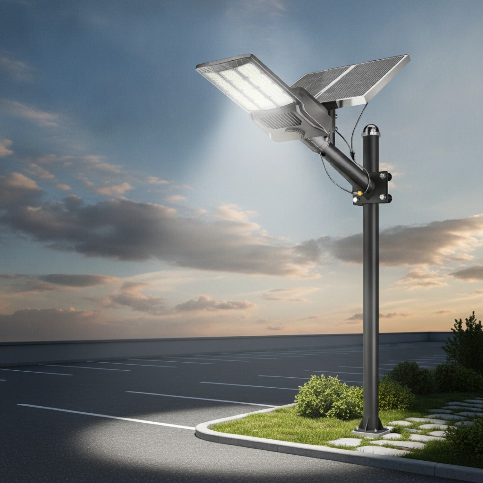 Lampadaire Solaire Extérieur LED avec Détecteur de Mouvement - Jardin & Parking - 80000LM, 2 Panneaux