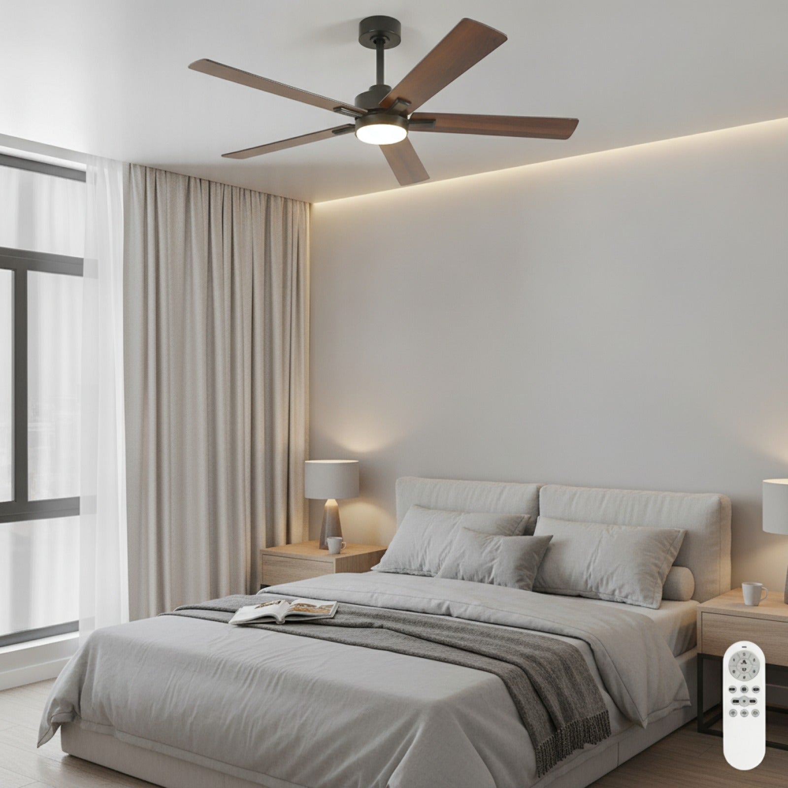 Ventilateur de Plafond Moderne 52'' avec Lumière LED et Télécommande - Moteur DC Silencieux, 6 Vitesses Réversibles