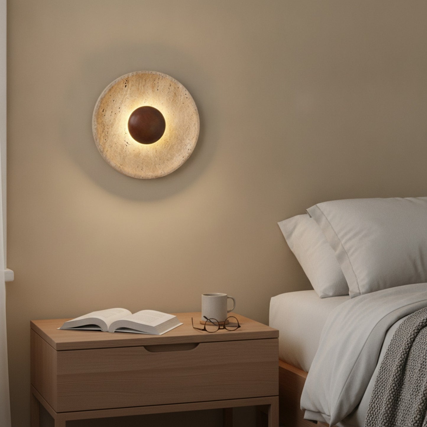 Applique Murale LED Ronde Nordique en Bois et Pierre - Lampe de Couloir Design pour Hôtel & Maison