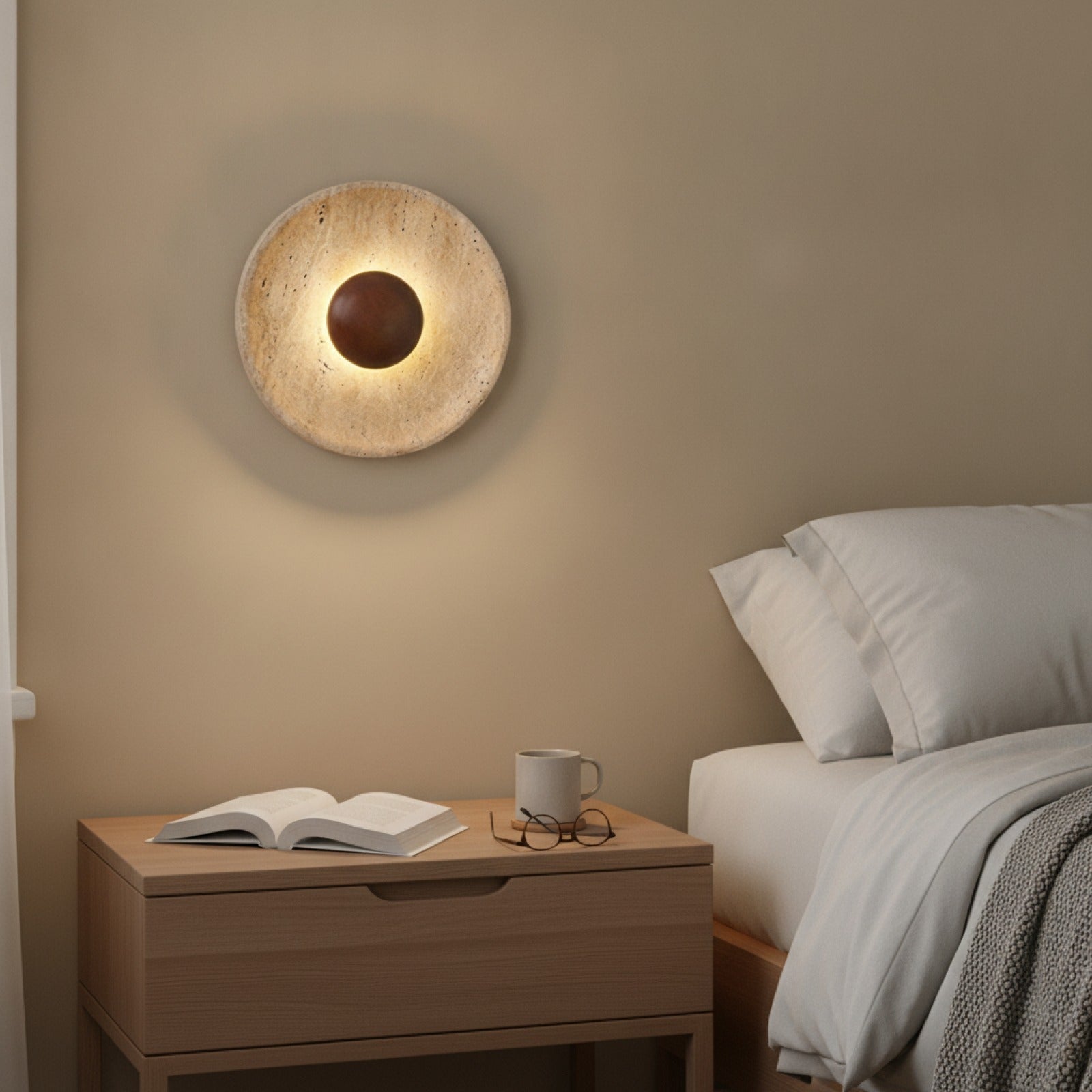 Applique Murale LED Ronde Nordique en Bois et Pierre - Lampe de Couloir Design pour Hôtel & Maison