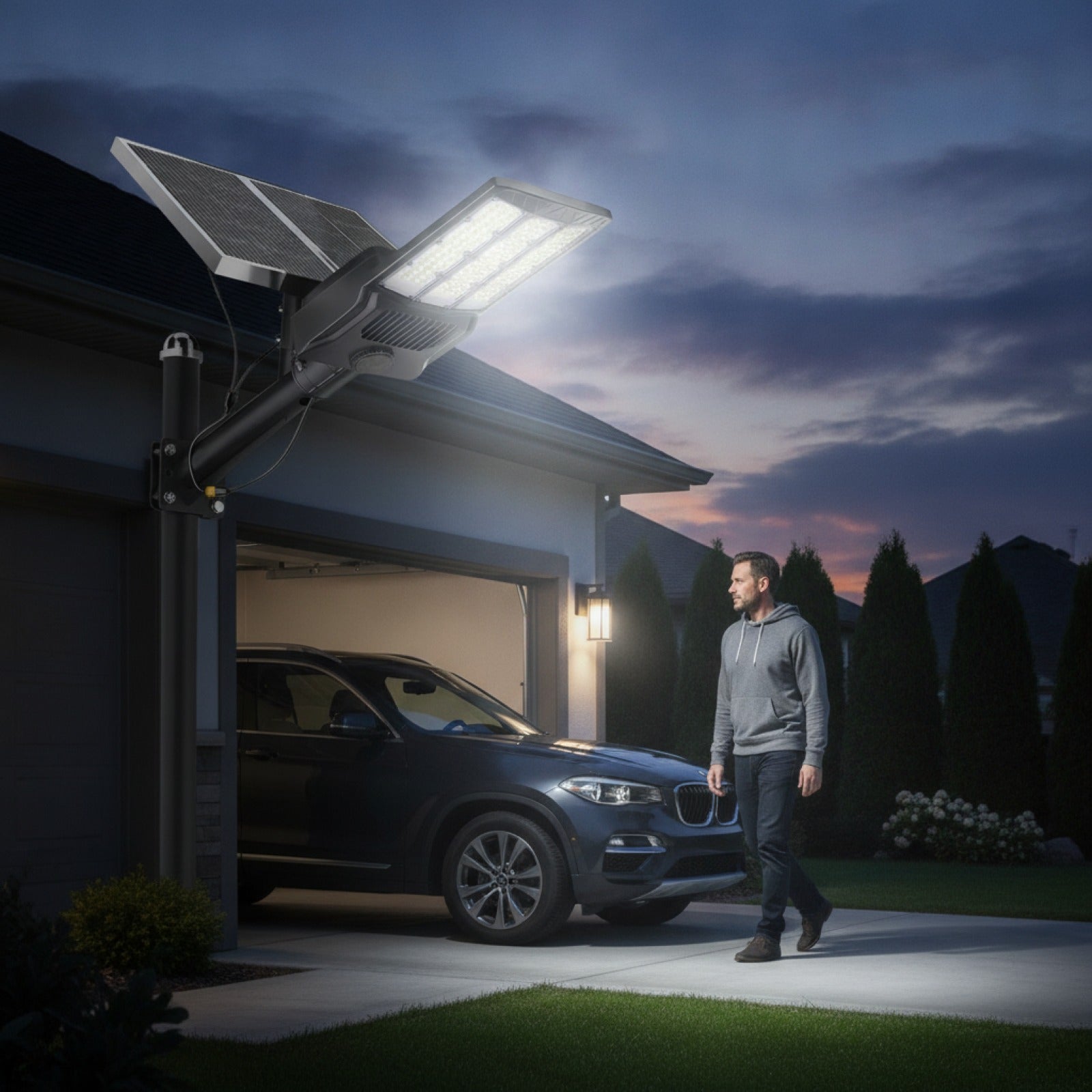 Lampadaire Solaire Extérieur LED avec Détecteur de Mouvement - Jardin & Parking - 80000LM, 2 Panneaux