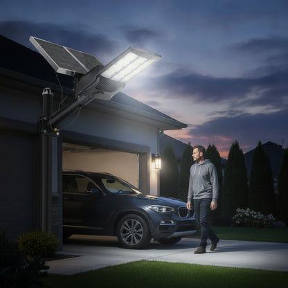 Lampadaire Solaire Extérieur LED avec Détecteur de Mouvement - Jardin & Parking - 80000LM, 2 Panneaux